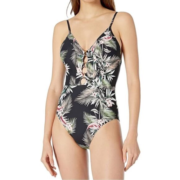 Seafolly Women's Ring Detail One Piece Swimsuit Black Tropical - Picture 1 of 10